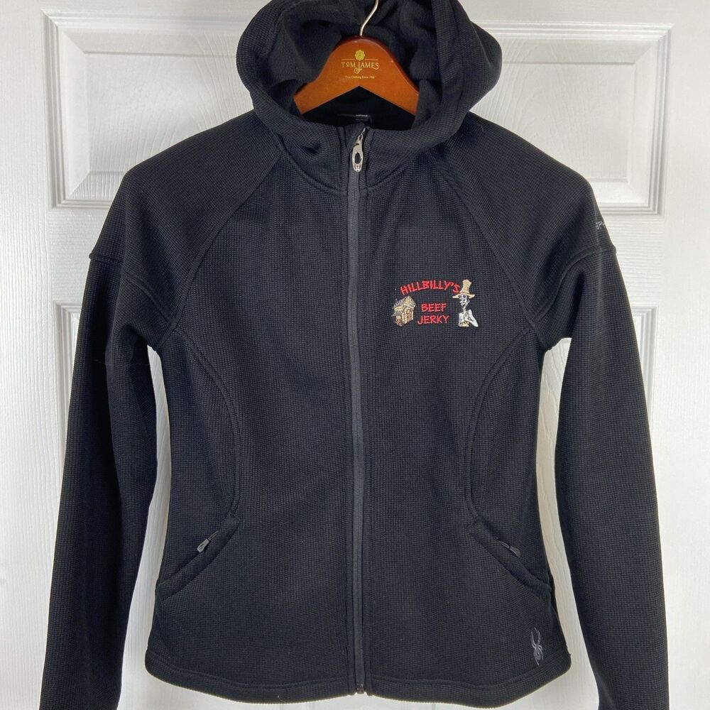 Spyder Womens Waffle Knit Full Zip Lined Sport Jacket Hooded Black Logo Medium